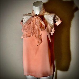 Pretty Pink Lace Tie Collar Lightweight Blouse